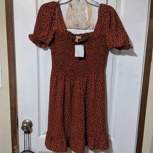 Cheetah Leopard Print Short Sleeve Ruched Scrunch Mini Summer Dress Rust Orange